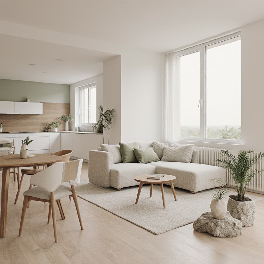 Interno di una casa moderna con design rigenerativo, luce naturale calda, materiali naturali e piante